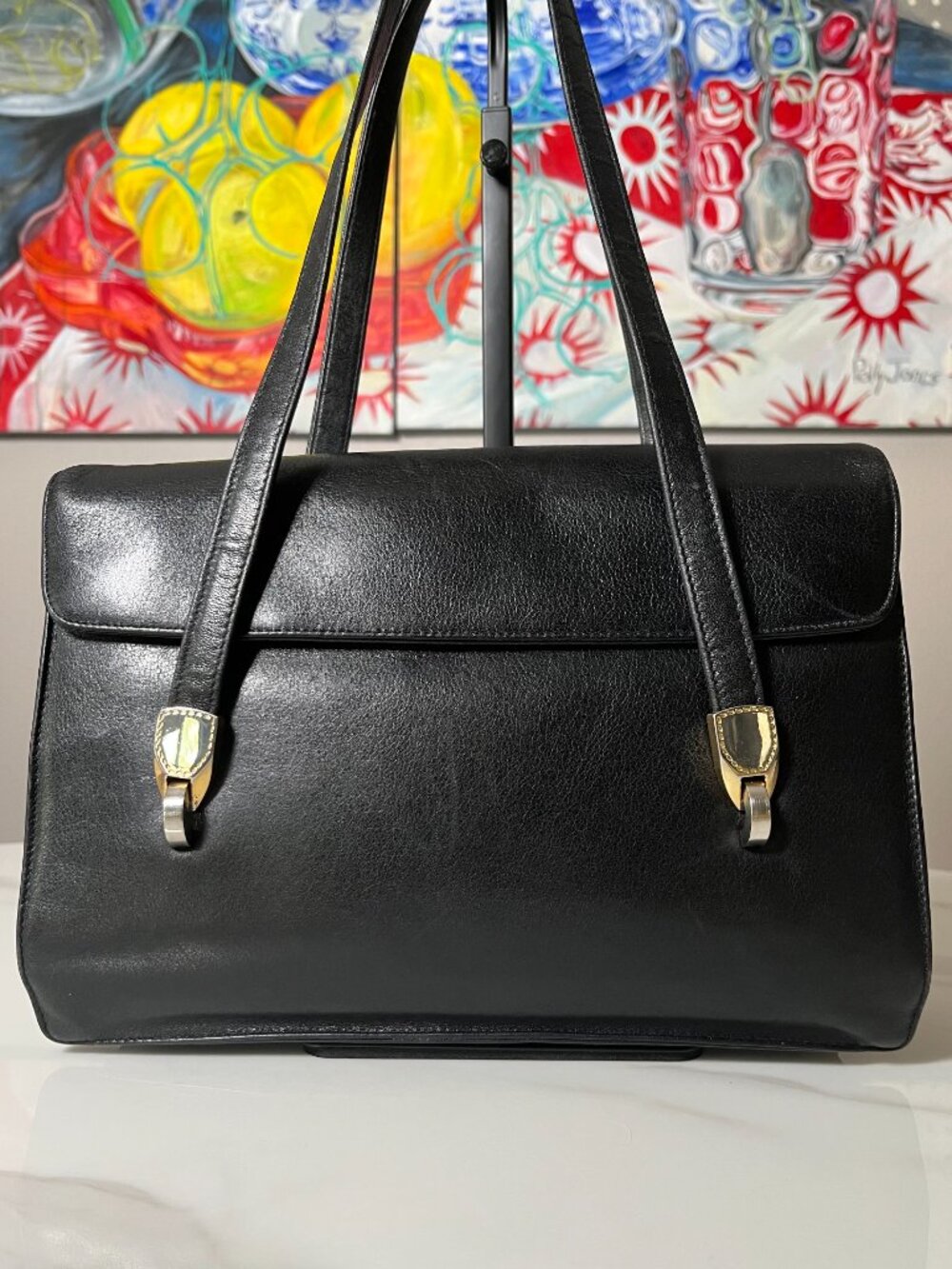 Koret Vintage Black Leather Shoulder Bag Red Interior Matching Coin Purse MCM - Picture 3 of 14